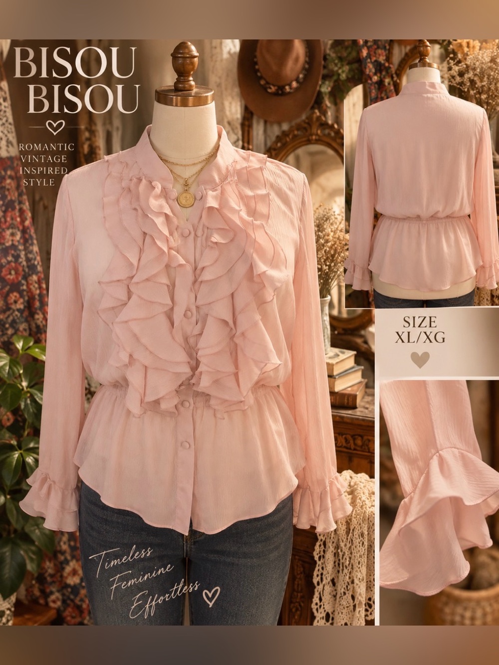Bisou Bisou - Dusty Pink Ruffled Chuffon Stule - Peplum Blouse - XL
